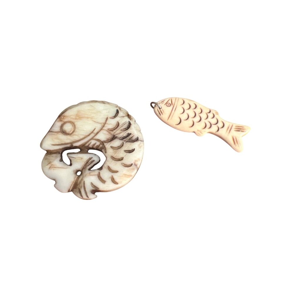 Vintage Lot of 2 Carved Jade Stone Koi Fish Pendants Circular Charm 2" Each